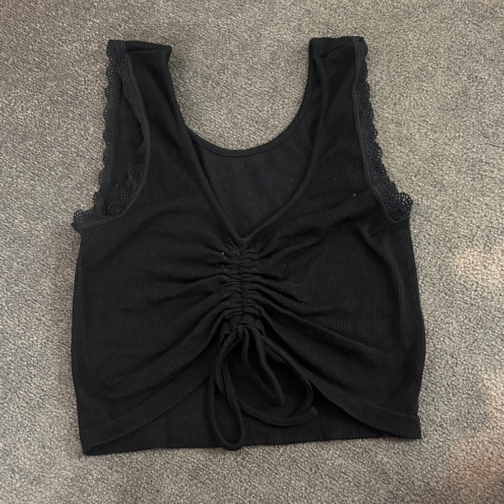 Black Lace Trim Ruched Women's Top